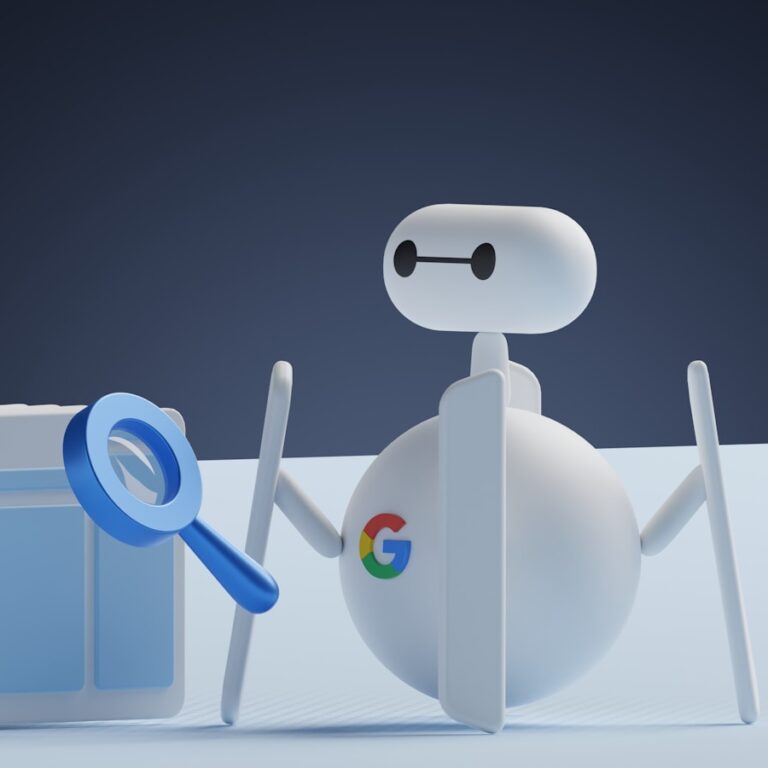 a white robot holding a magnifying glass next to a white box