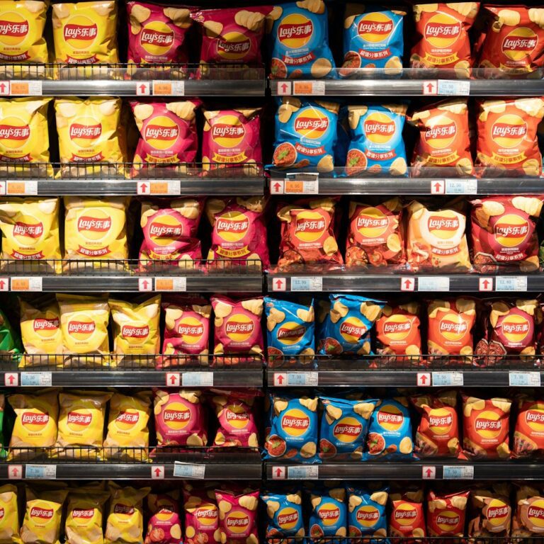 a display in a store filled with lots of chips